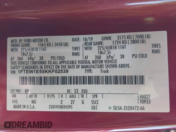 2019 Ford F-150 XL with VIN 1FTEW1E55KKF02539, listed as a IAAI auction lot 43193008 with 80,549 mi miles and . Bid and sale history available at DreamBid. Image 9.