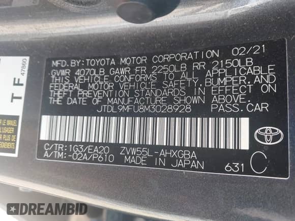 2021 Toyota Prius LE with VIN JTDL9MFU8M3028928, listed as a IAAI auction lot 43099318 with 72,833 mi miles and . Bid and sale history available at DreamBid. Image 9.