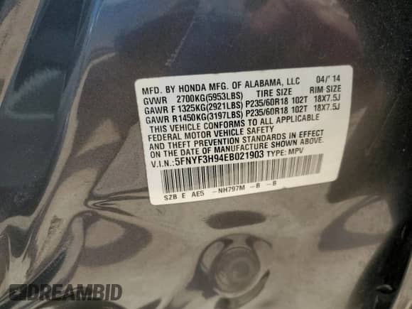 2014 Honda Pilot Touring with VIN 5FNYF3H94EB021903, listed as a Copart auction lot 71323565 with 96,054 mi miles and Salvage title. Bid and sale history available at DreamBid. Image 13.