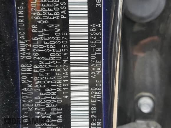 2021 Toyota Camry SE z VIN 4T1S11AK7MU455076, wystawiony jako Copart lot #59382545 z przebiegiem 118 763 mil mil oraz Szkoda całkowita • Salvage title. Historia ofert i sprzedaży dostępna na DreamBid. Obrazek 12.