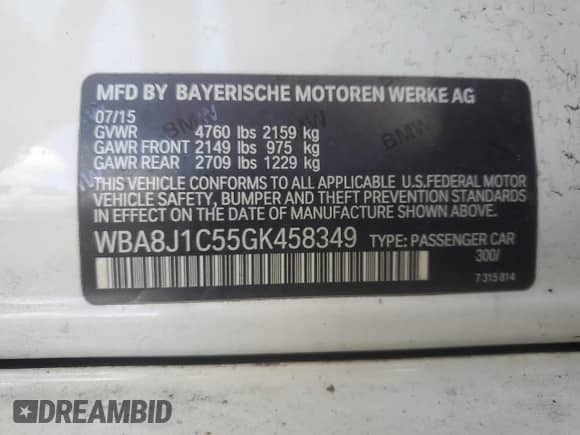 2016 BMW 3 Series 328d xDrive with VIN WBA8J1C55GK458349, listed as a Copart auction lot 68714225 with 136,032 mi miles and Salvage title. Bid and sale history available at DreamBid. Image 12.