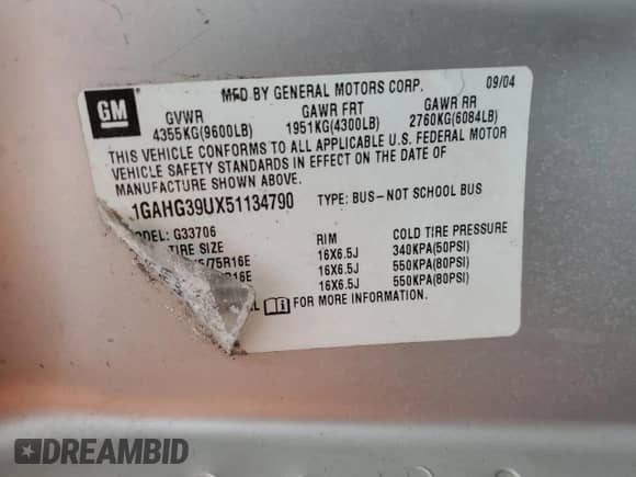 2005 Chevrolet Express Passenger with VIN 1GAHG39UX51134790, listed as a Copart auction lot 80667005 with 241,499 mi miles and Salvage title. Bid and sale history available at DreamBid. Image 13.