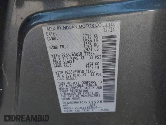 2015 Nissan Pathfinder S с VIN 5N1AR2MN7FC633528, выставлен на аукционе IAAI как лот 41905726 с пробегом 159 525 миль миль и . История ставок и продаж доступна на DreamBid. Изображение 9.