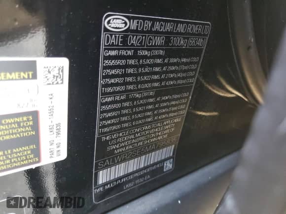 2021 Land Rover Range Rover Sport HSE Dynamic with VIN SALWR2SE5MA795835, listed as a Copart auction lot 65963035 with 58,724 mi miles and Salvage title. Bid and sale history available at DreamBid. Image 13.