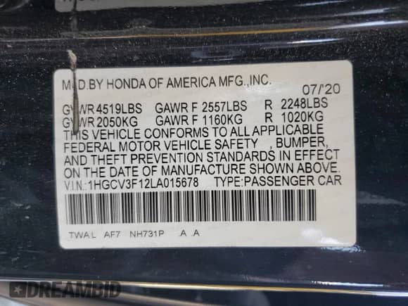 2020 Honda Accord с VIN 1HGCV3F12LA015678, выставлен на аукционе Copart как лот 67318495 с пробегом 268 789 миль миль и Списание • Salvage title. История ставок и продаж доступна на DreamBid. Изображение 13.