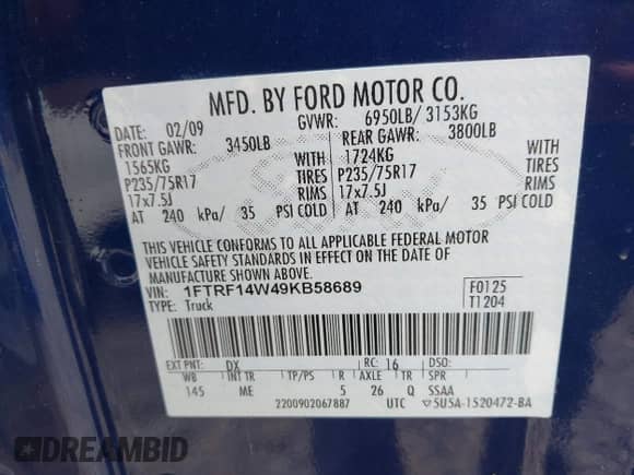 2009 Ford F-150 XL with VIN 1FTRF14W49KB58689, listed as a IAAI auction lot 42671255 with 67,846 mi miles and . Bid and sale history available at DreamBid. Image 9.
