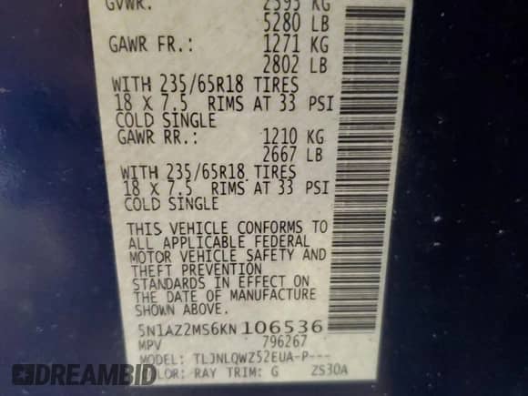 2019 Nissan Murano Platinum с VIN 5N1AZ2MS6KN106536, выставлен на аукционе Copart как лот 64378875 с пробегом 42 574 миль миль и Списание • Salvage title. История ставок и продаж доступна на DreamBid. Изображение 12.