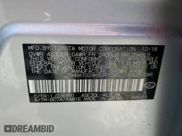 2019 Lexus IS 300 с VIN JTHBA1D24K5091043, выставлен на аукционе Copart как лот 87202455 с пробегом 61 103 миль миль и Списание • Salvage title. История ставок и продаж доступна на DreamBid. Изображение 13.