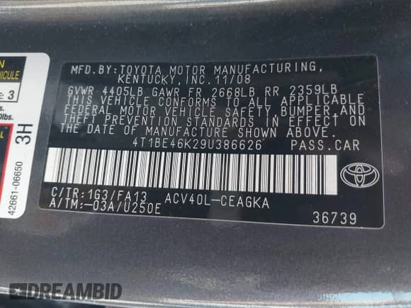 2009 Toyota Camry with VIN 4T1BE46K29U386626, listed as a IAAI auction lot 43491447 with 130,138 mi miles and . Bid and sale history available at DreamBid. Image 9.