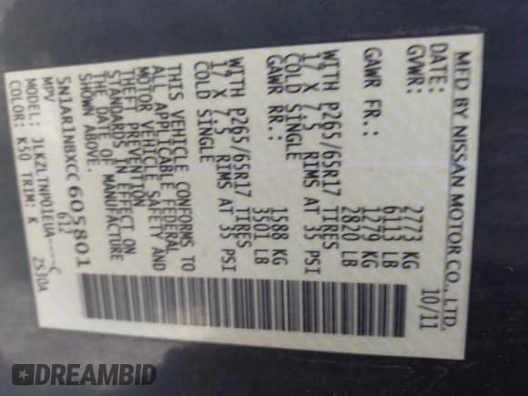 2012 Nissan Pathfinder SV z VIN 5N1AR1NBXCC605801, wystawiony jako IAAI lot #42227408 z przebiegiem 215 837 mil mil oraz . Historia ofert i sprzedaży dostępna na DreamBid. Obrazek 9.