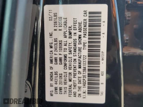 2011 Honda Accord EX with VIN 1HGCP2E72BA103722, listed as a Copart auction lot 67566835 with 125,118 mi miles and Clean title. Bid and sale history available at DreamBid. Image 12.