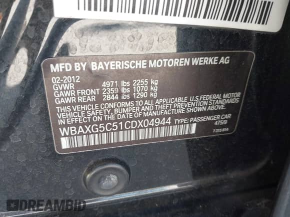 2012 BMW 5 Series 528i с VIN WBAXG5C51CDX04944, выставлен на аукционе IAAI как лот 43502046 с пробегом 144 165 миль миль и . История ставок и продаж доступна на DreamBid. Изображение 9.