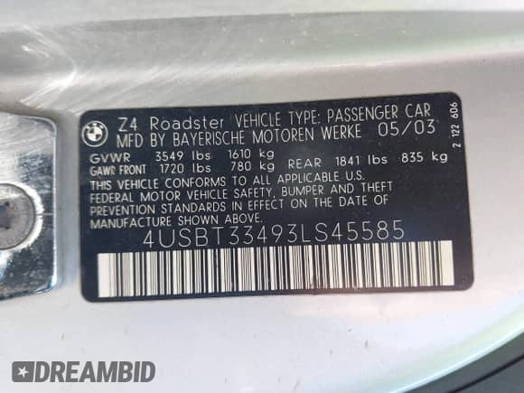 2003 BMW Z4 2.5i z VIN 4USBT33493LS45585, wystawiony jako IAAI lot #43145741 z przebiegiem 185 449 mil mil oraz . Historia ofert i sprzedaży dostępna na DreamBid. Obrazek 9.