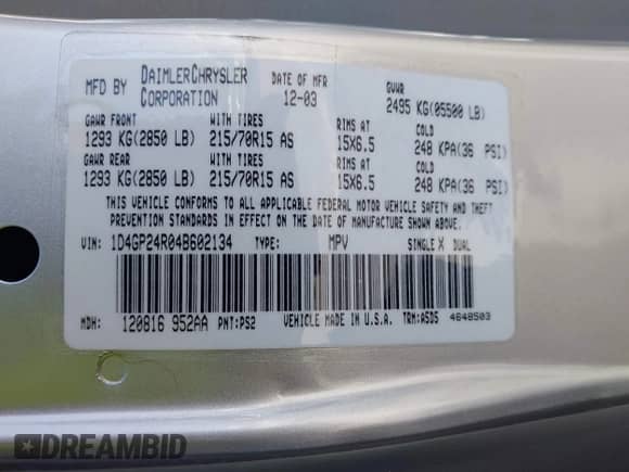 2004 Dodge Caravan SE z VIN 1D4GP24R04B602134, wystawiony jako IAAI lot #42570206 z przebiegiem 88 351 mil mil oraz . Historia ofert i sprzedaży dostępna na DreamBid. Obrazek 9.