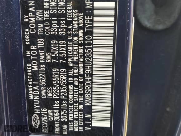 2017 Hyundai Santa Fe Limited Ultimate with VIN KM8SRDHF9HU235110, listed as a Copart auction lot 80547255 with 85,012 mi miles and Salvage title. Bid and sale history available at DreamBid. Image 13.