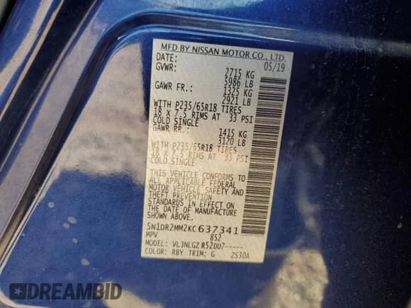 2019 Nissan Pathfinder Platinum с VIN 5N1DR2MM2KC637341, выставлен на аукционе Copart как лот 55355925 с пробегом 82 808 миль миль и Списание • Salvage title. История ставок и продаж доступна на DreamBid. Изображение 13.