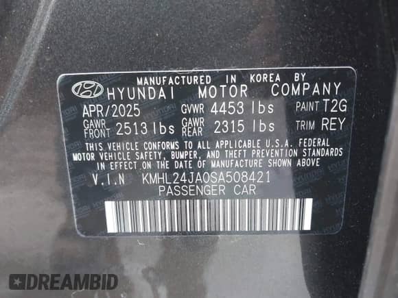2025 Hyundai Sonata SE with VIN KMHL24JA0SA508421, listed as a IAAI auction lot 43314725 with 6,504 mi miles and . Bid and sale history available at DreamBid. Image 9.