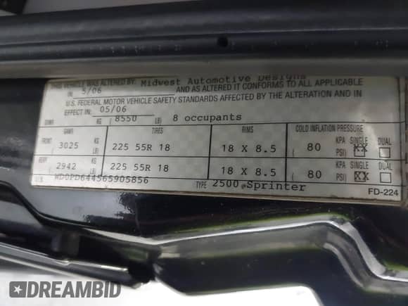 2006 Dodge Sprinter with VIN WD0PD644565905856, listed as a IAAI auction lot 42537285 with 187,793 mi miles and . Bid and sale history available at DreamBid. Image 9.