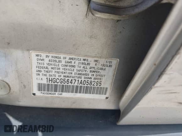 2001 Honda Accord LX with VIN 1HGCG56471A058295, listed as a IAAI auction lot 42751548 with 274,968 mi miles and . Bid and sale history available at DreamBid. Image 9.