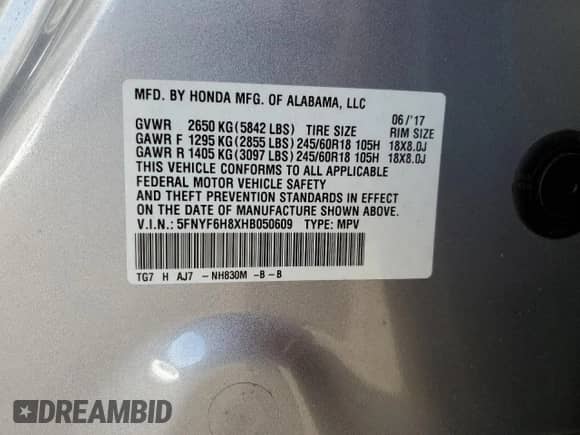 2017 Honda Pilot EX-L with VIN 5FNYF6H8XHB050609, listed as a Copart auction lot 84061755 with 94,523 mi miles and Salvage title. Bid and sale history available at DreamBid. Image 14.