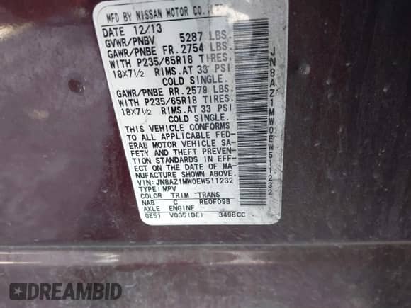 2014 Nissan Murano S с VIN JN8AZ1MW0EW511232, выставлен на аукционе IAAI как лот 41848956 с пробегом 143 199 миль миль и . История ставок и продаж доступна на DreamBid. Изображение 9.