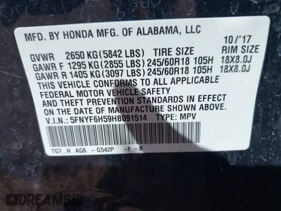 2017 Honda Pilot EX-L z VIN 5FNYF6H59HB091514, wystawiony jako IAAI lot #43083784 z przebiegiem 97 606 mil mil oraz . Historia ofert i sprzedaży dostępna na DreamBid. Obrazek 9.