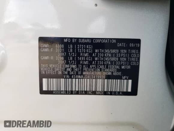 2020 Subaru Ascent Limited with VIN 4S4WMAJD4L3419926, listed as a Copart auction lot 67761695 with 180,526 mi miles and Salvage title. Bid and sale history available at DreamBid. Image 13.