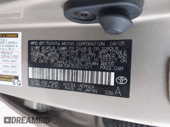 2005 Toyota Camry STD with VIN JTDBE32K353027211, listed as a IAAI auction lot 43490205 with 116,989 mi miles and . Bid and sale history available at DreamBid. Image 9.