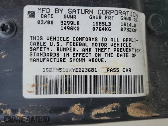 2000 Saturn SL with VIN 1G8ZH528XYZ223681, listed as a Copart auction lot 57347404 with 161,044 mi miles and Clean title. Bid and sale history available at DreamBid. Image 12.