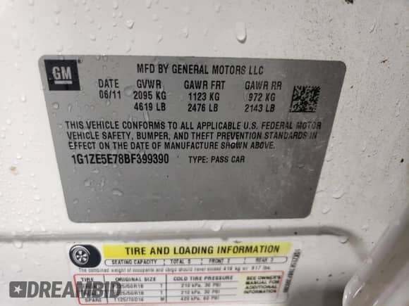 2011 Chevrolet Malibu LTZ with VIN 1G1ZE5E78BF399390, listed as a Copart auction lot 69113985 with 217,289 mi miles and Salvage title. Bid and sale history available at DreamBid. Image 12.