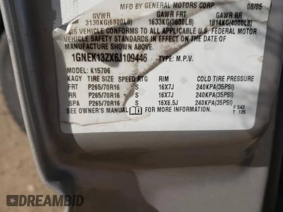 2006 Chevrolet Tahoe Special Service с VIN 1GNEK13ZX6J109446, выставлен на аукционе Copart как лот 78270204 с пробегом Не указан миль и Списание • Salvage title. История ставок и продаж доступна на DreamBid. Изображение 13.