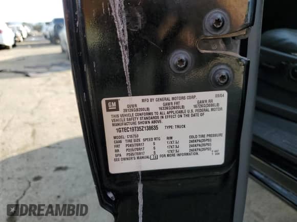2005 GMC Sierra 1500 SLT with VIN 1GTEC19T35Z138635, listed as a Copart auction lot 87394204 with 115,591 mi miles and Salvage title. Bid and sale history available at DreamBid. Image 12.