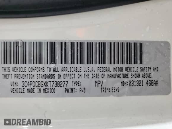 2019 Dodge Journey SE with VIN 3C4PDCBGXKT738277, listed as a Copart auction lot 62155505 with Not provided miles and Clean title. Bid and sale history available at DreamBid. Image 13.