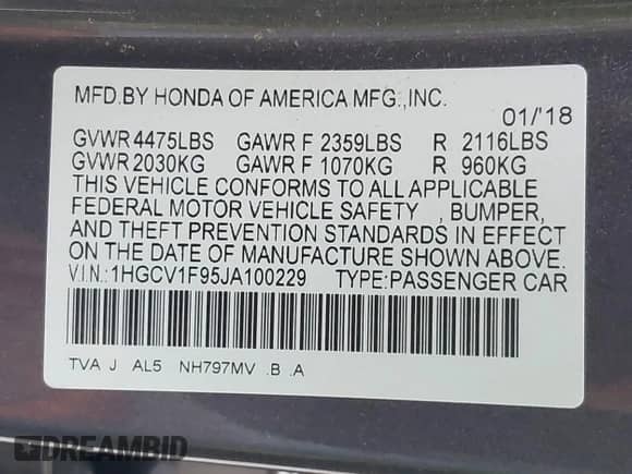 2018 Honda Accord Touring z VIN 1HGCV1F95JA100229, wystawiony jako IAAI lot #43109588 z przebiegiem 129 307 mil mil oraz . Historia ofert i sprzedaży dostępna na DreamBid. Obrazek 9.