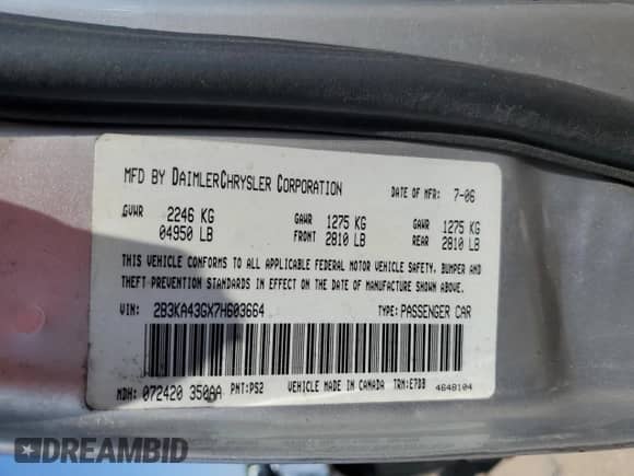 2007 Dodge Charger with VIN 2B3KA43GX7H603664, listed as a Copart auction lot 69035335 with 122,950 mi miles and Salvage title. Bid and sale history available at DreamBid. Image 12.