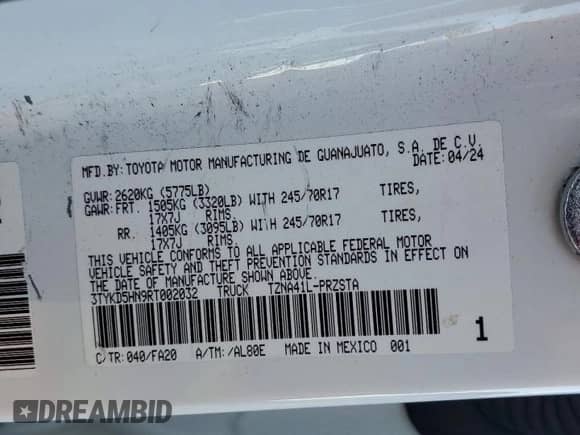 2024 Toyota Tacoma SR with VIN 3TYKD5HN9RT002032, listed as a Copart auction lot 88295185 with 6,144 mi miles and Salvage title. Bid and sale history available at DreamBid. Image 12.