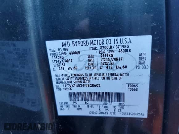 2004 Ford F-150 XL с VIN 1FTVX14524NB28603, выставлен на аукционе Copart как лот 83679994 с пробегом 93 531 миль миль и Чистый • Clean title. История ставок и продаж доступна на DreamBid. Изображение 12.