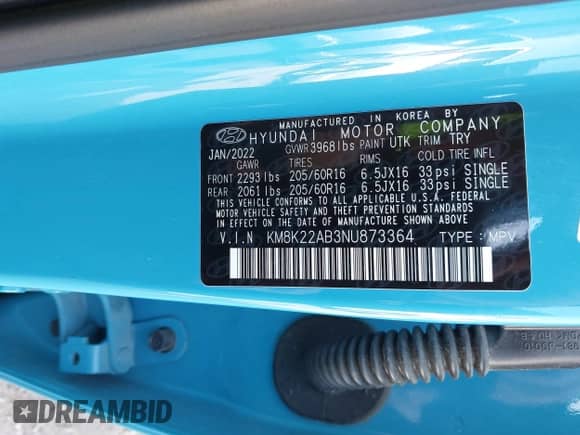 2022 Hyundai Kona SE with VIN KM8K22AB3NU873364, listed as a IAAI auction lot 42718049 with 52,246 mi miles and . Bid and sale history available at DreamBid. Image 9.