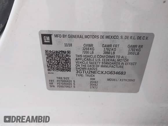 2018 GMC Sierra 1500 SLT z VIN 3GTU2NECXJG634683, wystawiony jako IAAI lot #43374368 z przebiegiem 76 104 mil mil oraz . Historia ofert i sprzedaży dostępna na DreamBid. Obrazek 9.