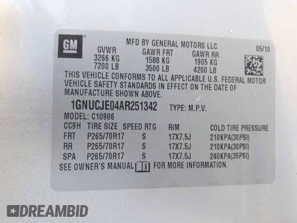 2010 Chevrolet Suburban LT z VIN 1GNUCJE04AR251342, wystawiony jako IAAI lot #42851505 z przebiegiem 243 731 mil mil oraz . Historia ofert i sprzedaży dostępna na DreamBid. Obrazek 9.
