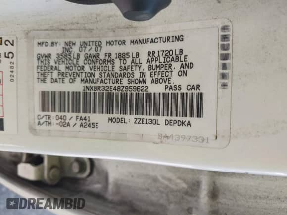 2008 Toyota Corolla CE with VIN 1NXBR32E48Z959622, listed as a IAAI auction lot 42520341 with 295,449 mi miles and . Bid and sale history available at DreamBid. Image 9.