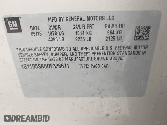 2013 Chevrolet Malibu LS с VIN 1G11B5SA8DF336671, выставлен на аукционе IAAI как лот 42617982 с пробегом Не указан миль и . История ставок и продаж доступна на DreamBid. Изображение 9.