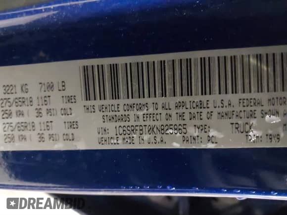 2019 Ram 1500 Big Horn with VIN 1C6SRFBT0KN825865, listed as a IAAI auction lot 41669909 with 73,258 mi miles and . Bid and sale history available at DreamBid. Image 9.