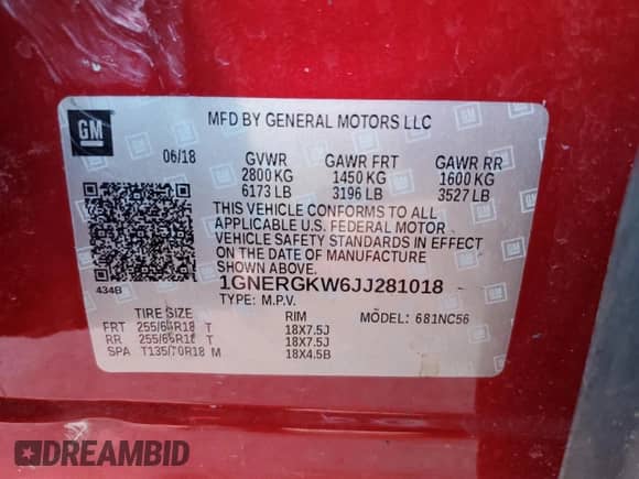 2018 Chevrolet Traverse LT Cloth z VIN 1GNERGKW6JJ281018, wystawiony jako Copart lot #83516034 z przebiegiem 111 630 mil mil oraz Nie do naprawy • Non repairable. Historia ofert i sprzedaży dostępna na DreamBid. Obrazek 13.