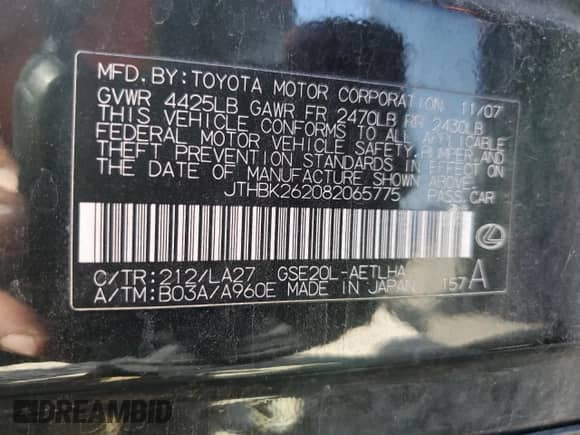 2008 Lexus IS 250 с VIN JTHBK262082065775, выставлен на аукционе Copart как лот 81301055 с пробегом 145 862 миль миль и Списание • Salvage title. История ставок и продаж доступна на DreamBid. Изображение 12.