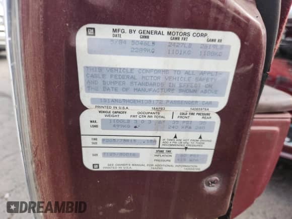 1984 Chevrolet Caprice z VIN 1G1AN69H0EH138172, wystawiony jako Copart lot #72030645 z przebiegiem Nie podano mil oraz Szkoda całkowita • Salvage title. Historia ofert i sprzedaży dostępna na DreamBid. Obrazek 12.