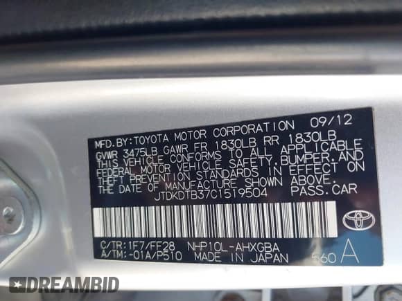 2012 Toyota Prius One z VIN JTDKDTB37C1519504, wystawiony jako IAAI lot #43394658 z przebiegiem Nie podano mil oraz . Historia ofert i sprzedaży dostępna na DreamBid. Obrazek 9.