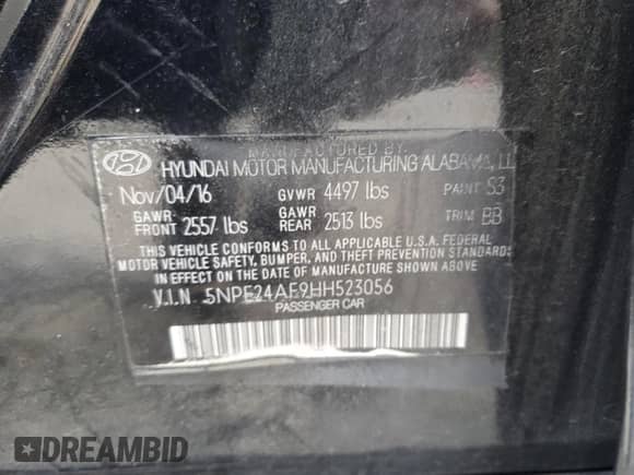 2017 Hyundai Sonata 2.4L with VIN 5NPE24AF9HH523056, listed as a Copart auction lot 70956255 with 126,395 mi miles and Salvage title. Bid and sale history available at DreamBid. Image 13.