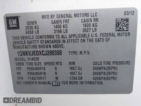 2012 Chevrolet Traverse 2LT with VIN 1GNKVJEDXCJ288398, listed as a IAAI auction lot 42513960 with 155,948 mi miles and . Bid and sale history available at DreamBid. Image 9.