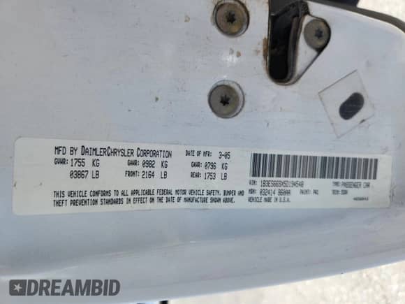 2005 Dodge Neon SRT-4 with VIN 1B3ES66SX5D194548, listed as a Copart auction lot 63072715 with Not provided miles and Clean title. Bid and sale history available at DreamBid. Image 12.